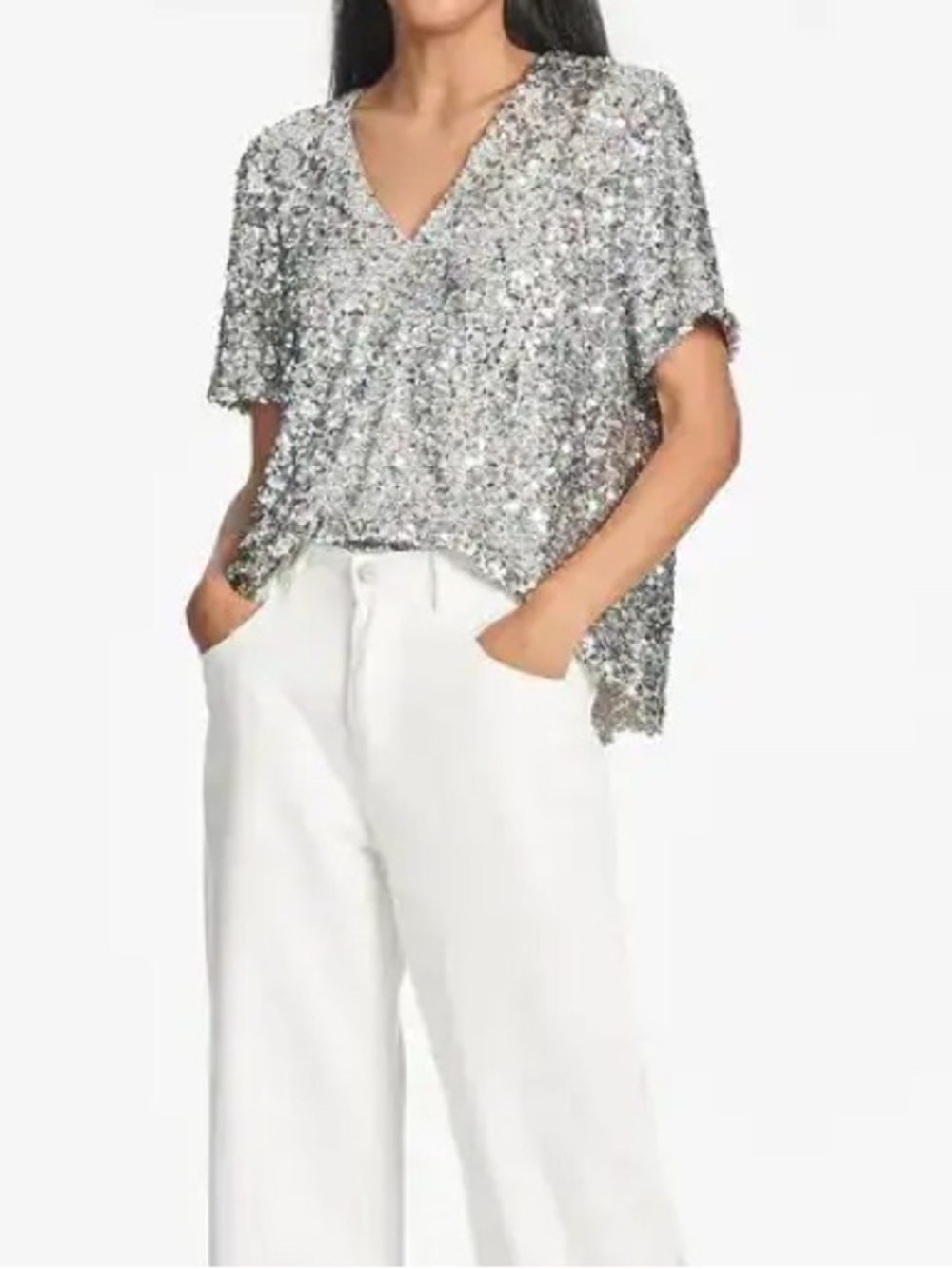 Sachin & Babi Bette Top Silver Sequin V-Neck Size XL NEW Maximalist Festival